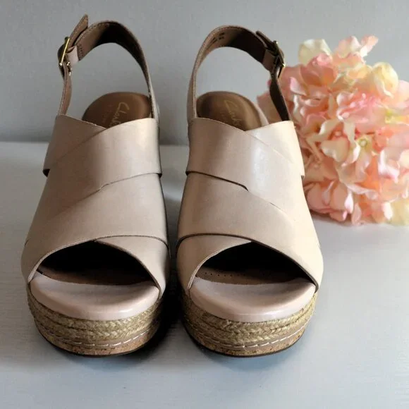 Clarks Amelia Dally Ecru Leather Espadrille Wedge Sandals - Picture 6 of 12